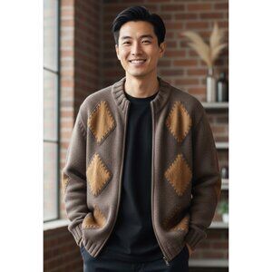 ROBERTO CAVALLI Brown Camel Hair/Wool Fur Argyle Zip Cardigan Sweater Men's M